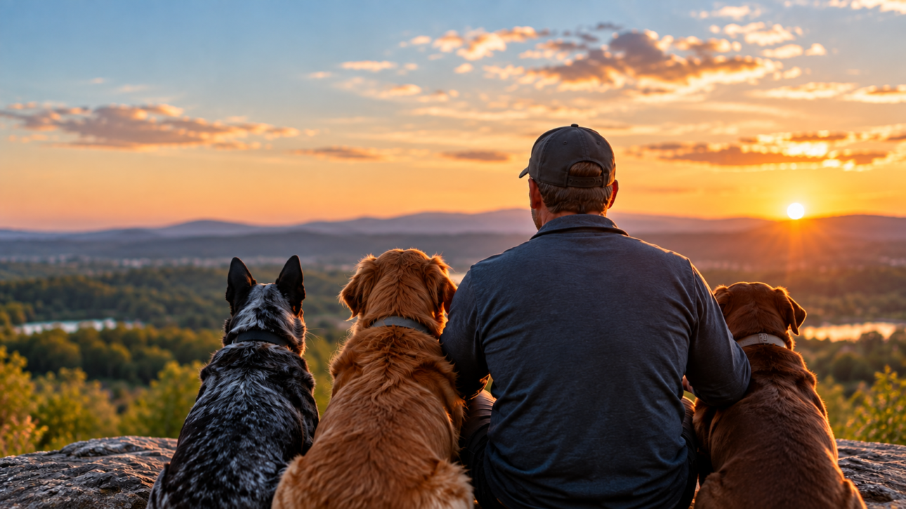 Man sitting with three dogs at sunset overlooking a valley, representing leadership, trust, consistency, and behavior.