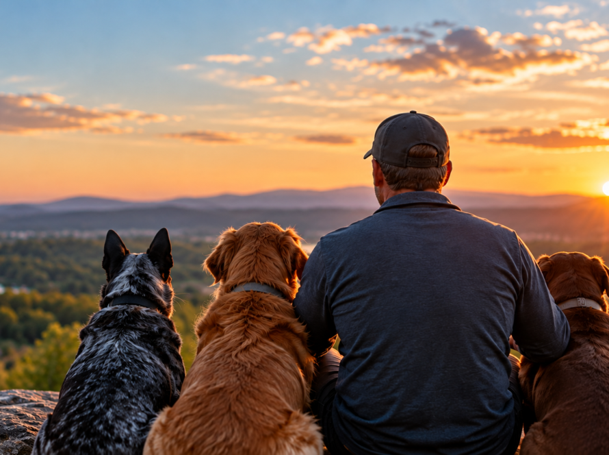 Man sitting with three dogs at sunset overlooking a valley, representing leadership, trust, consistency, and behavior.